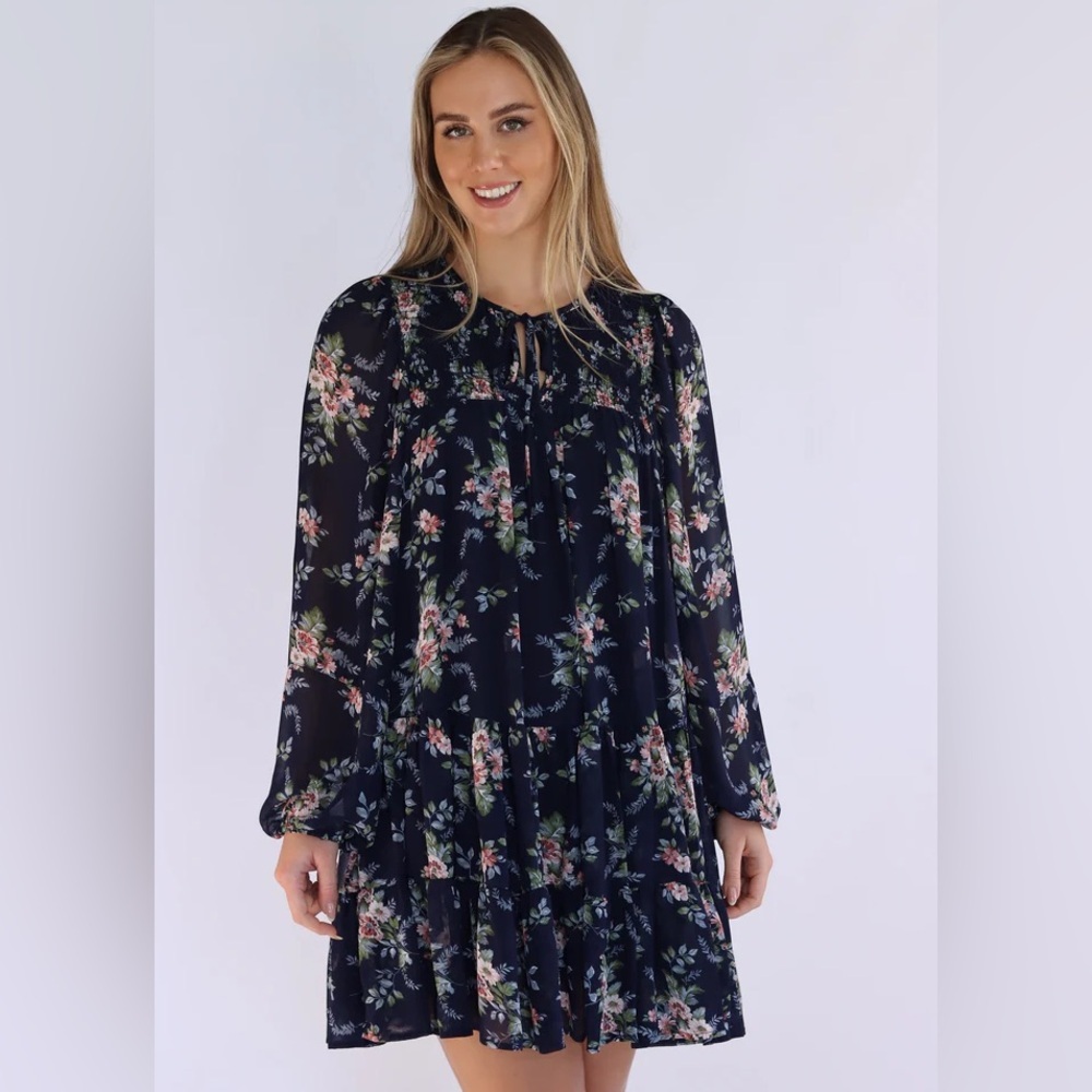 PAPILLON navy & floral mini dress with lining NWT